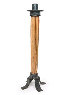 Vintage 14.5” Bamboo Style Candlestick Holder Patina Metal Hollywood Regency